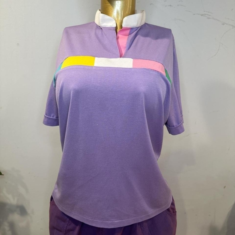 Vintage Lilac Purple polo shirt with multicoloured stripe popped collar LARGE